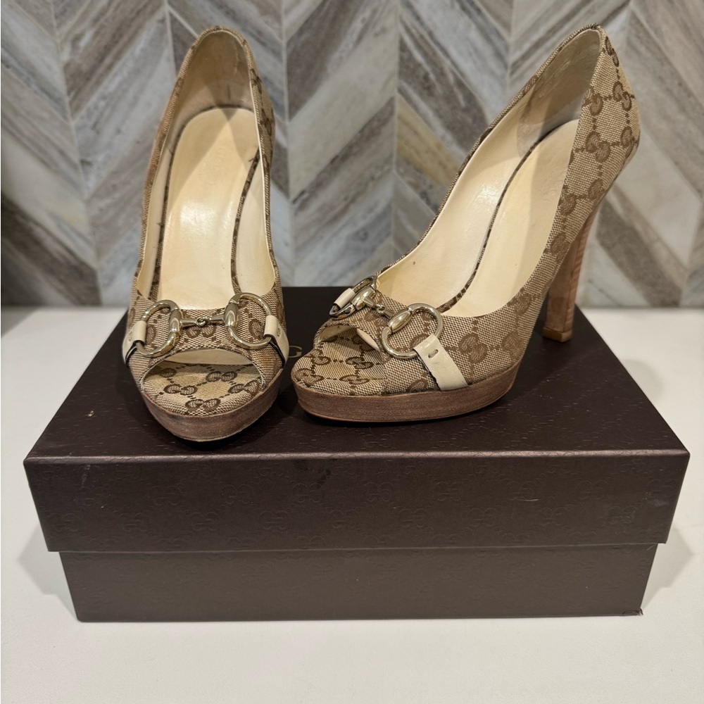 Gucci Women's Brown Monogram Peep-Toe Heels